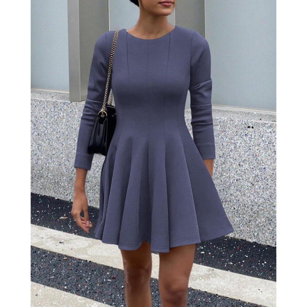 Women Grey Blue High Waist Pleated Flowy A Line Long Sleeve Casual Fall Dress - Picture 2 of 5